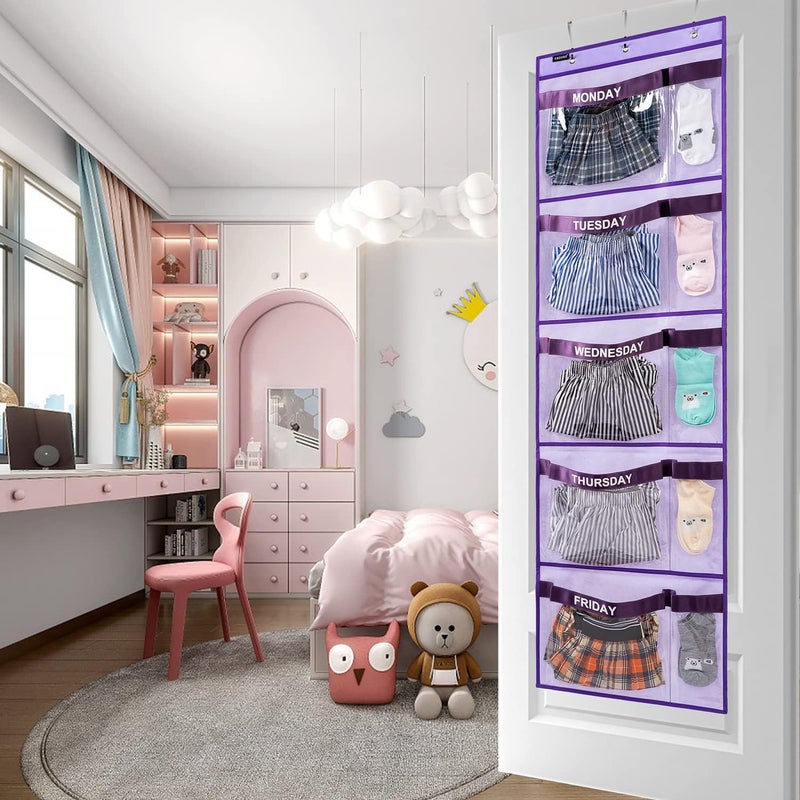 ANZORG Weekly Kids Clothes Organizer Day of Week School Clothing Storage Monday to Friday Hanging Closet Organizer (Purple) - Image 3